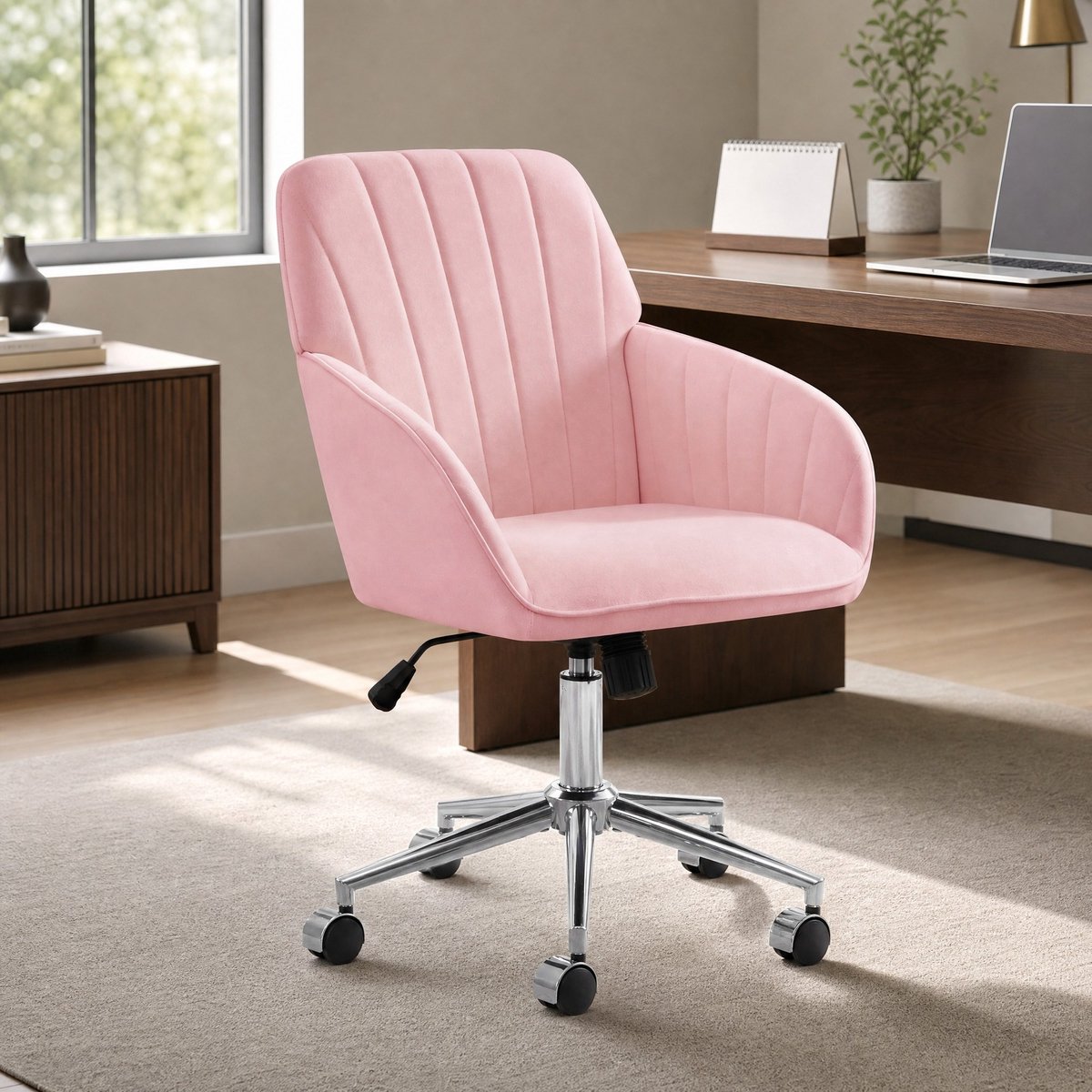 REDOM - Bureaustoel met armleuningen - Verstelbare zithoogte en 360° draaibaar - Met wielen - Velvet - Roze - Voor bureau en slaapkamer - 60 x 58 x 96 cm
