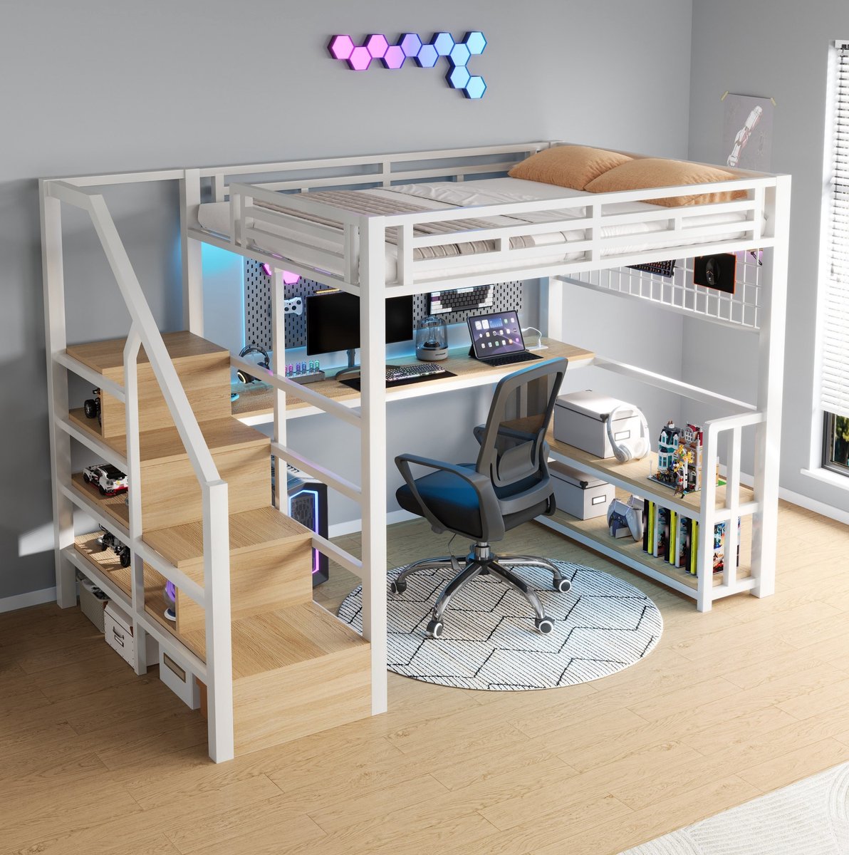 REDOM - Hoogslaper - Met bureau en opbergruimte - Met trap en LED-verlichting - Metaal en MDF - Wit - 140 x 200 cm - Voor kinderen