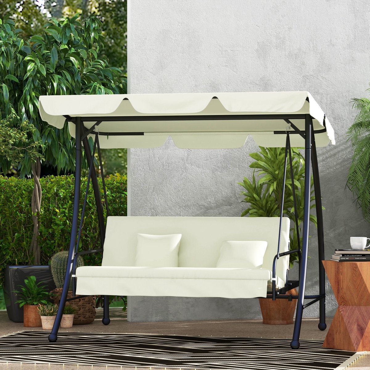 Desmiu Schommelbank Met Ligfunctie 3-Zits 210 X 125 X 170 Cm Metaal Cream White Verstelbaar Zonnedak Voor Tuin En Terras