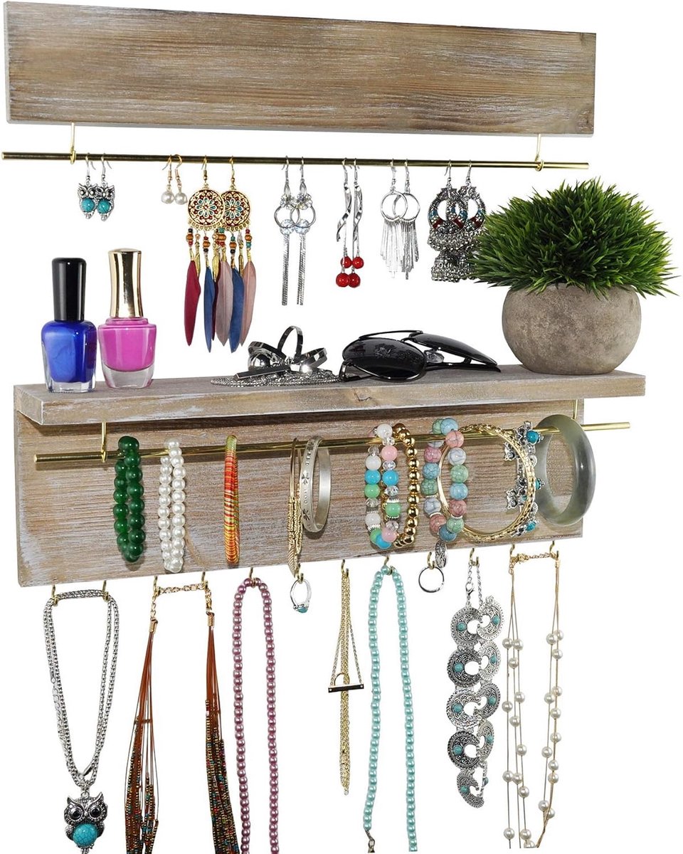 Juwelen organiser set van 2 - rustiek hout - met metalen stang - ideaal voor het ophangen van sieraden - ShopVlot