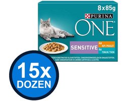 15x Purina One - Sensitive Adult Kip, Tonijn & Wortels in Saus (8x85g) - Kattenvoer Natvoer - 680 g