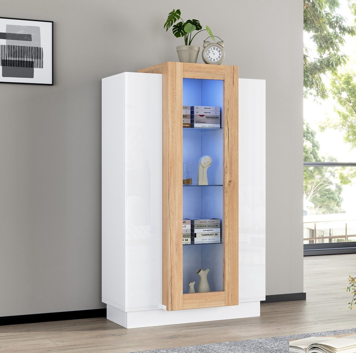 MEUNIQ vitrinekast 74 x 40 x 120 cm met 3 deuren, LED-verlichting, glasplanken en lade, staande boekenkast voor woonkamer, wit en naturel White+Natural