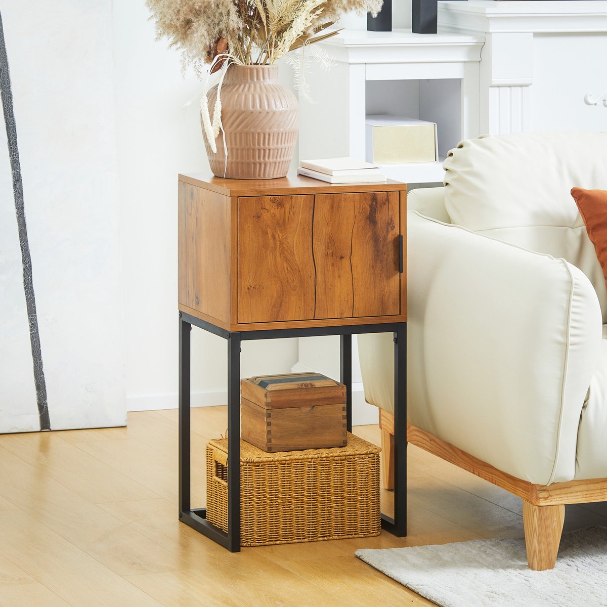 MEUNIQ sidetable 40 x 30 x 76 cm met kast, industriële consoletafel voor hal, woonkamer of slaapkamer, opbergtafel met metalen frame, naturel