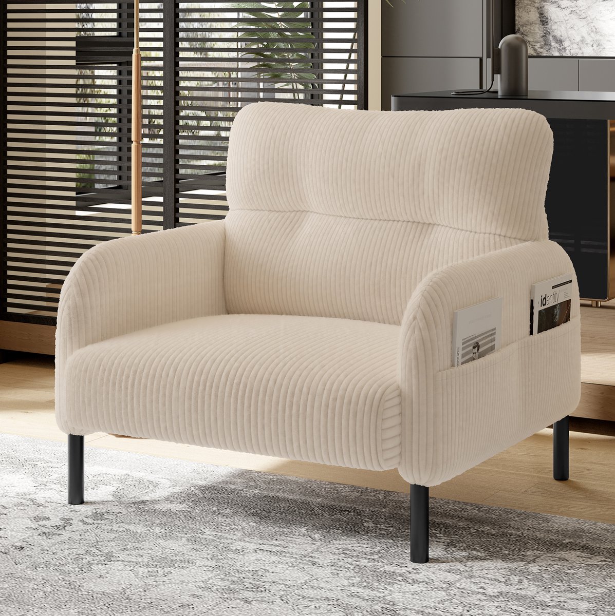DESMIU Fauteuil 67 x 75 x 79 cm - Diepe Zitting Met Zijvak En Ergonomische Rugleuning - Voor Woonkamer En Kantoor - Cord Beige