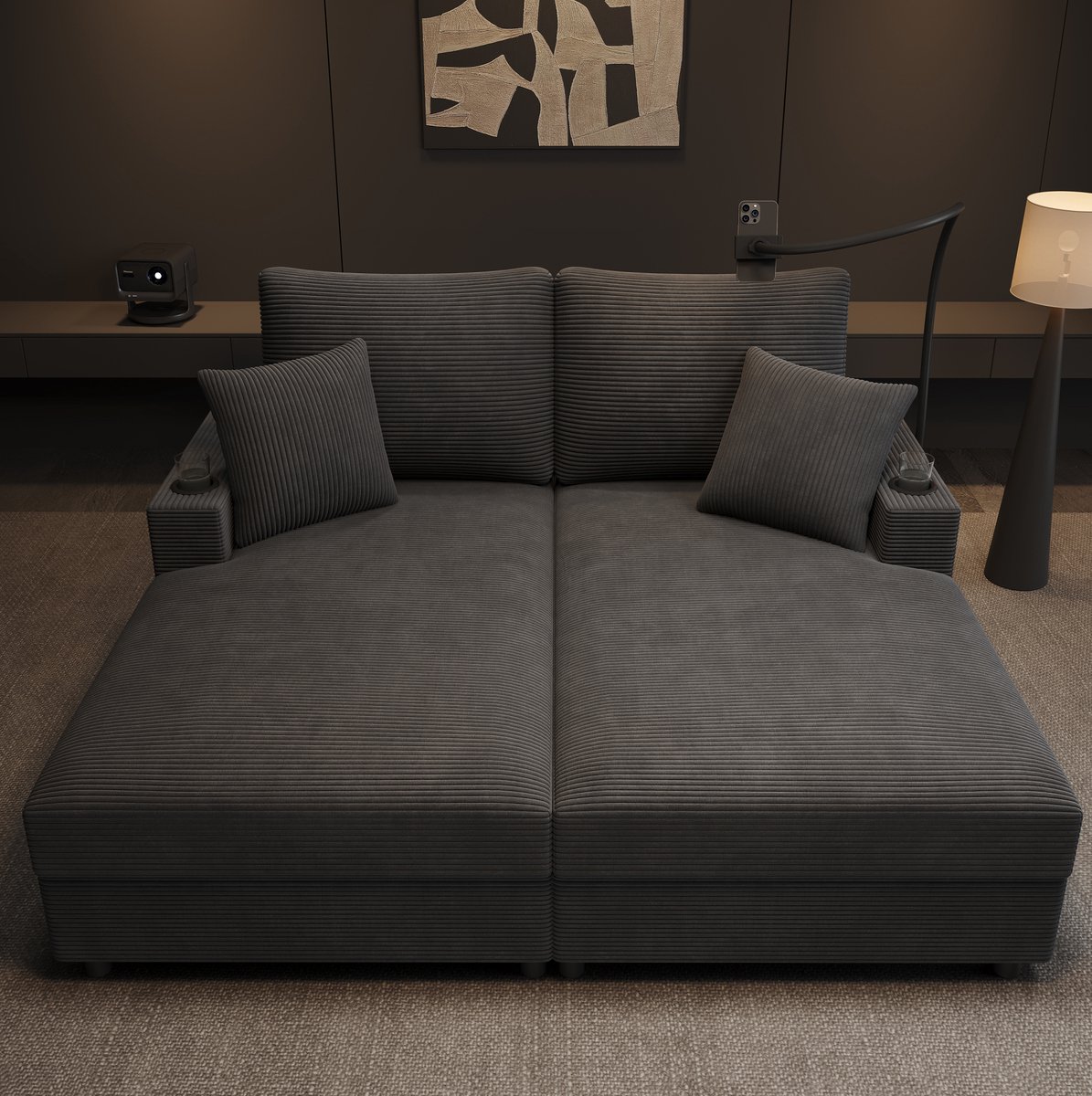DESMIU Slaapbank 163 x 140 x 82 Cm - Met Slaapfunctie, USB En USB C, Telefoonhouder En Bekerhouders - Voor Woonkamer Of Slaapkamer - Corduroy Grijs