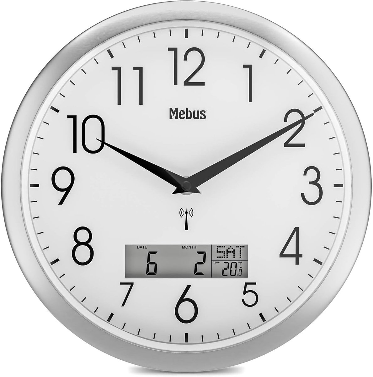 Wandklok Geruisloos – Draadgestuurd Tijdsignaal – LCD Display met Datum en Temperatuur – Rond 29 cm – Wit