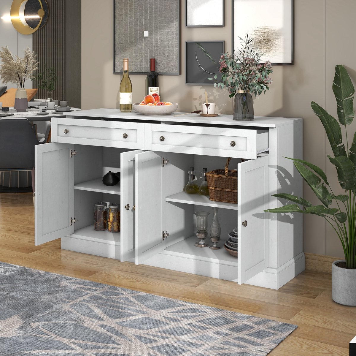 MEUNIQ dressoir 150 x 40 x 86 cm met 4 deuren en 2 lades, sideboard met verstelbare planken voor eetkamer of woonkamer, antiekwit