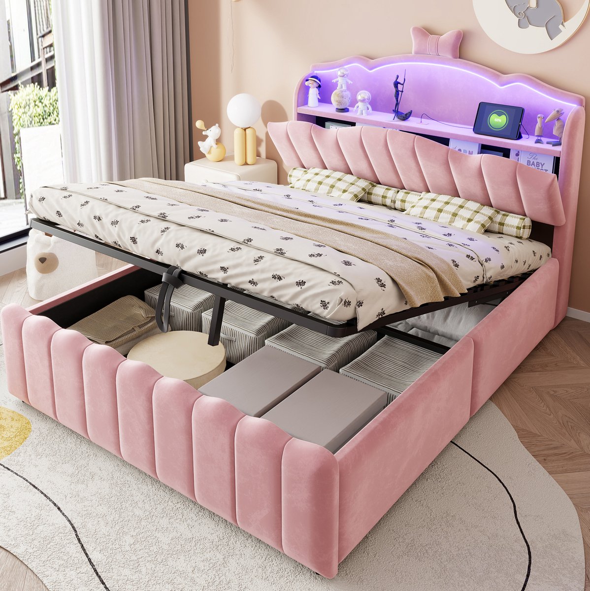 MIVRAY Kinderbed 140x200 cm - Zonder Matras met LED Hoofdbord, USB en USB C - Hydraulische Opbergruimte - Fluweel - Roze