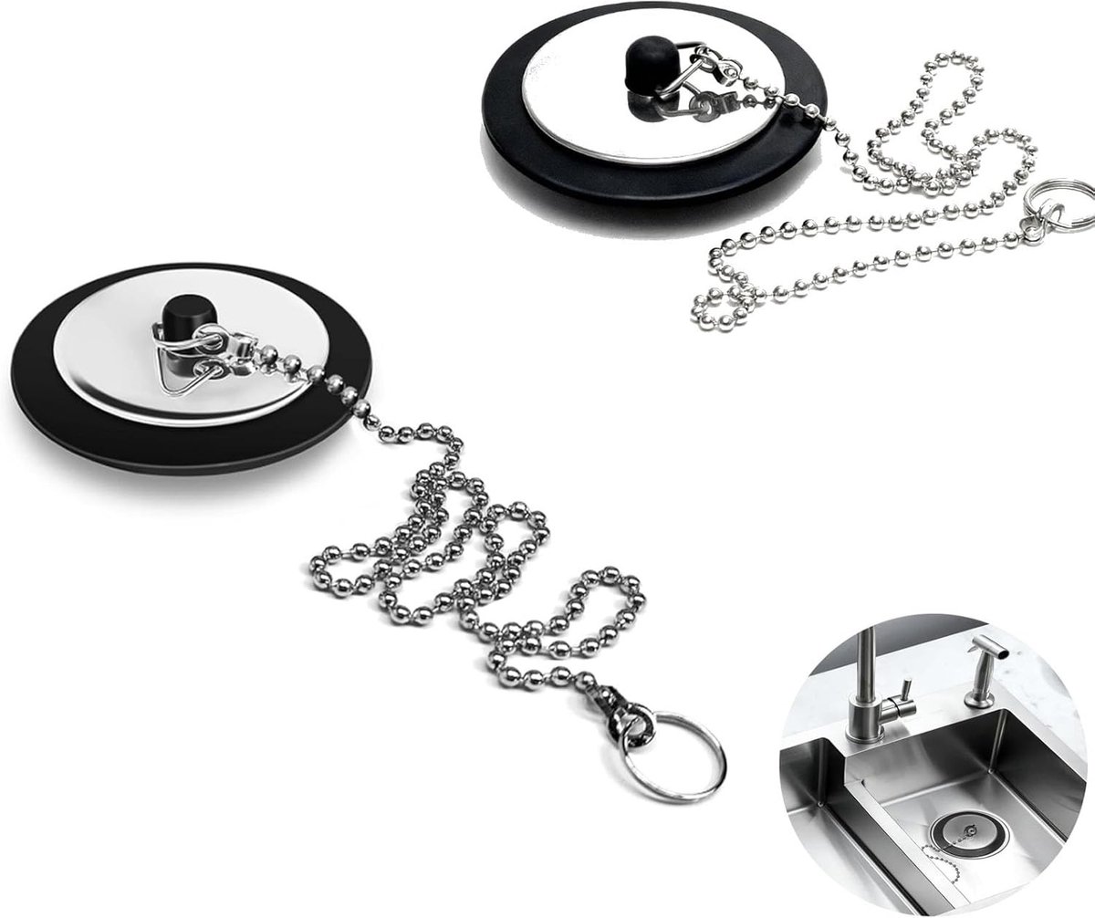 Universele Badplug Set met RVS Ketting - Vervangende Afvoerplug voor Badkamer en Keuken (4.3cm, Ketting 40cm)