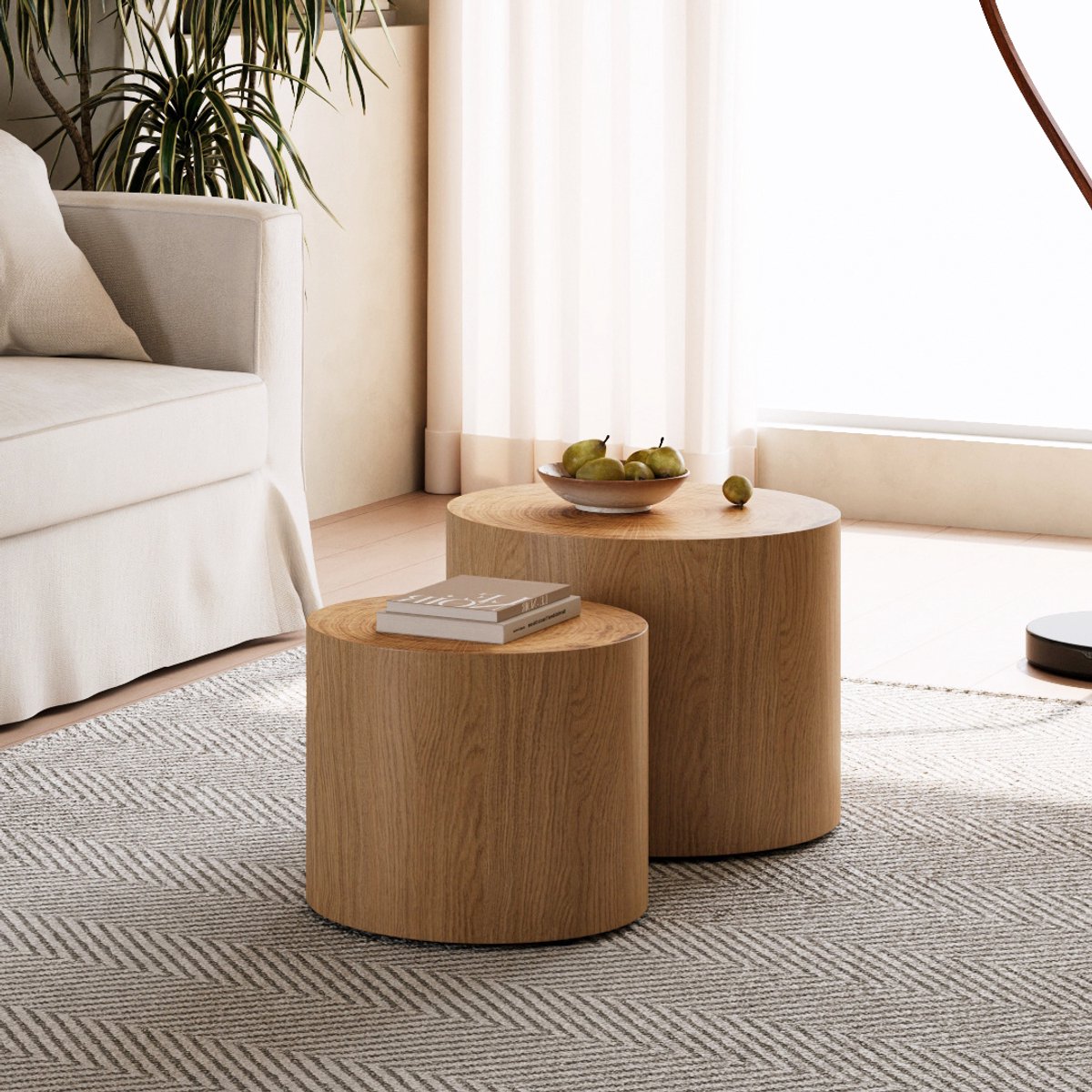 HAUSS SPOLE Salontafelset - Nestbare Ronde Tafels - Voor Woonkamer Balkon Of Slaapkamer - Massief Hout En MDF - Naturel Naturel Hout