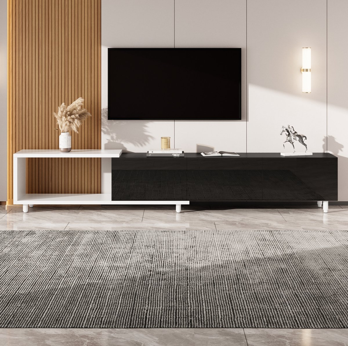 MEUNIQ uitschuifbaar TV-meubel 258 x 38 x 48,5 cm met 3 hoogglans deuren, open opbergvak, 