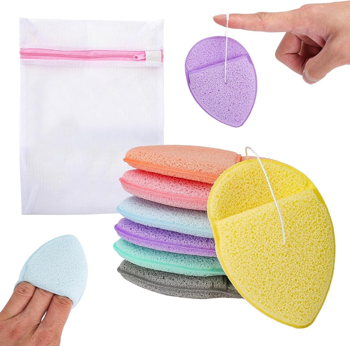 Herbruikbare Gezichtspons Set van 7 Stuks met Mesh Waszak - Reinigingsspons voor Make-up, Gezichtsreiniging en Pore Scrub voor een Stralende Huid