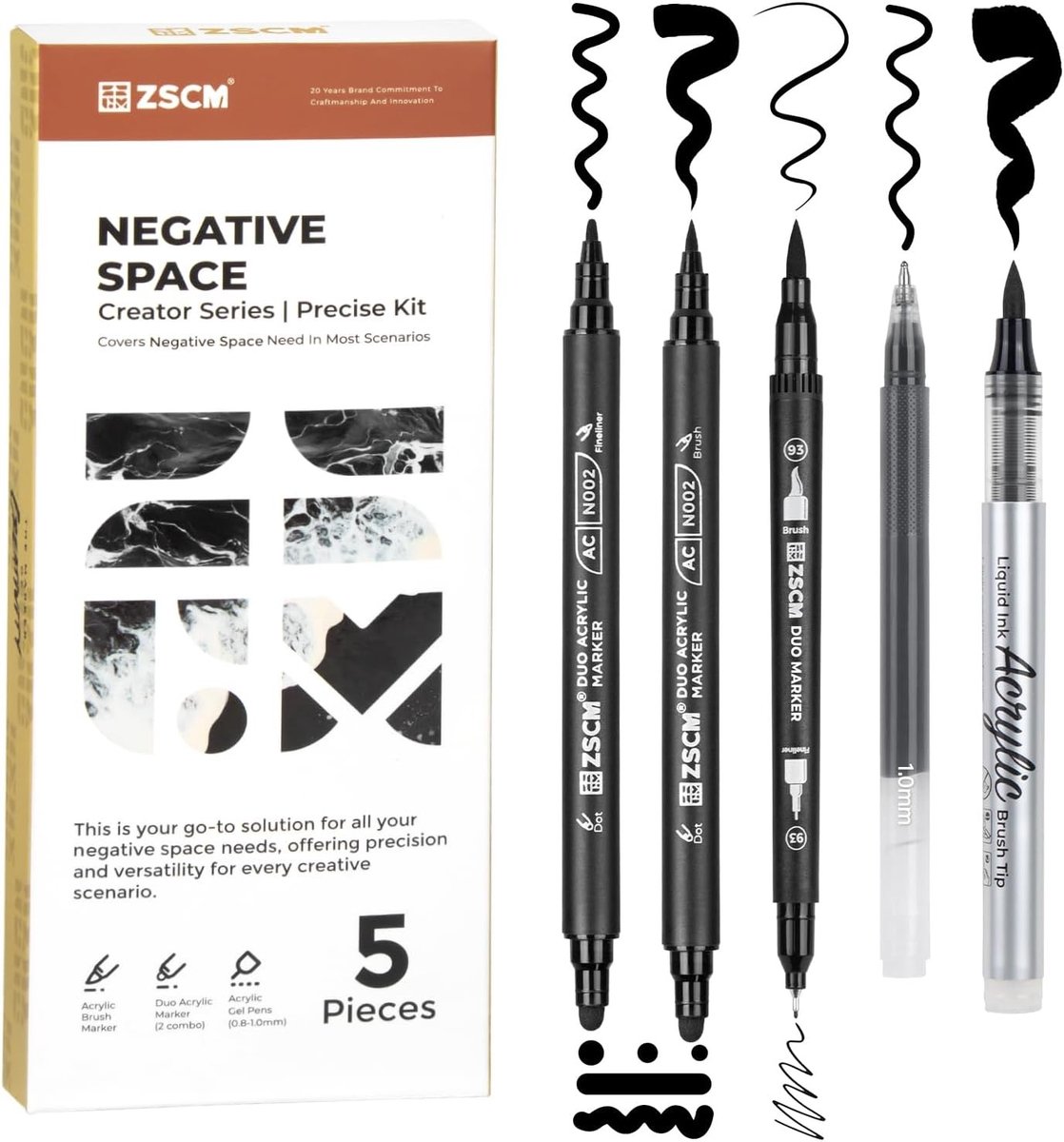 Set van 5 Zwarte Acrylinkt Pennen - Acrylmarkers - Duurzame Dubbele Punt - Vloeibare Inkt - Voor Kunstenaars