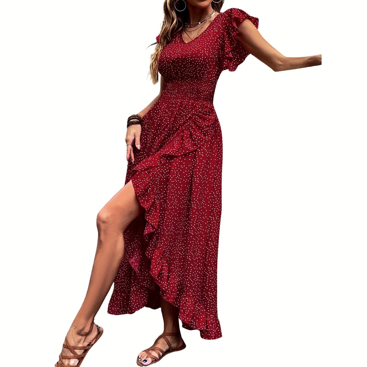 Currero Jurk Met Polkadots Stippen Zomerjurk Dames Zomerjurken Midi Jurk Volwassenen Ibiza Stijl Sundress Dress Kurkuma M Rood