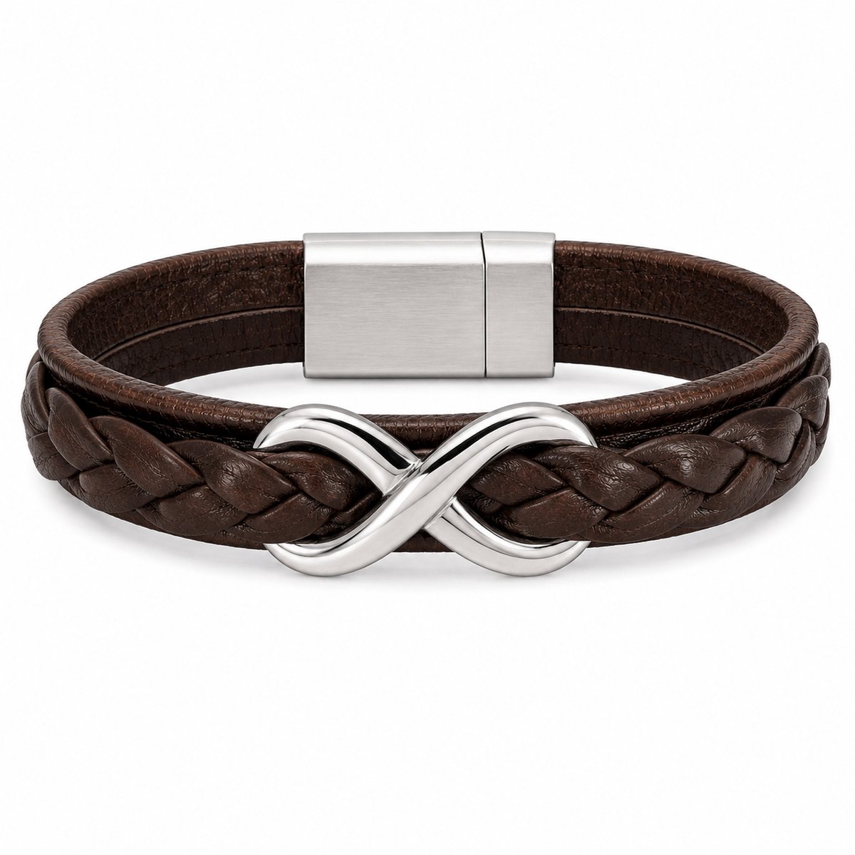 Mbrace Luxe Lederen Heren Armband - Gevlochten Nappa Leer & RVS - Infinity Symbool - Bruin - Maat XL (22,5 cm)
