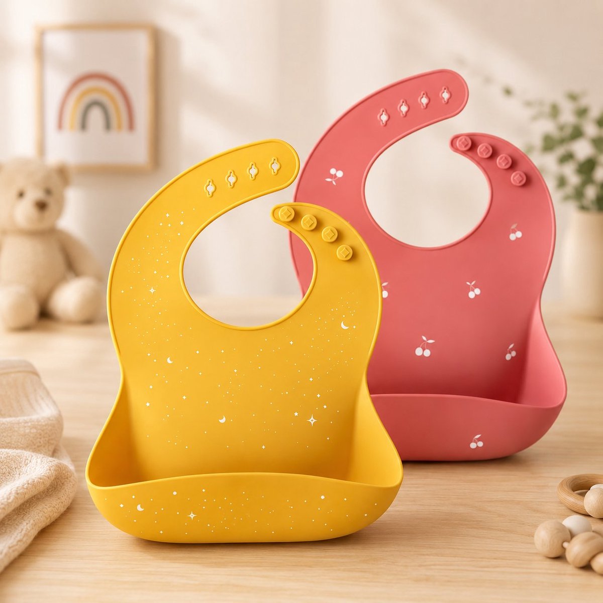 Nazik Living Siliconen Baby Slabbetjes 2-Pak - Voedingsslabbetjes met Opvangzak - BPA Vrij - Verstelbaar - Geschikt voor Baby en Peuter - Pruimroze/Donkergeel