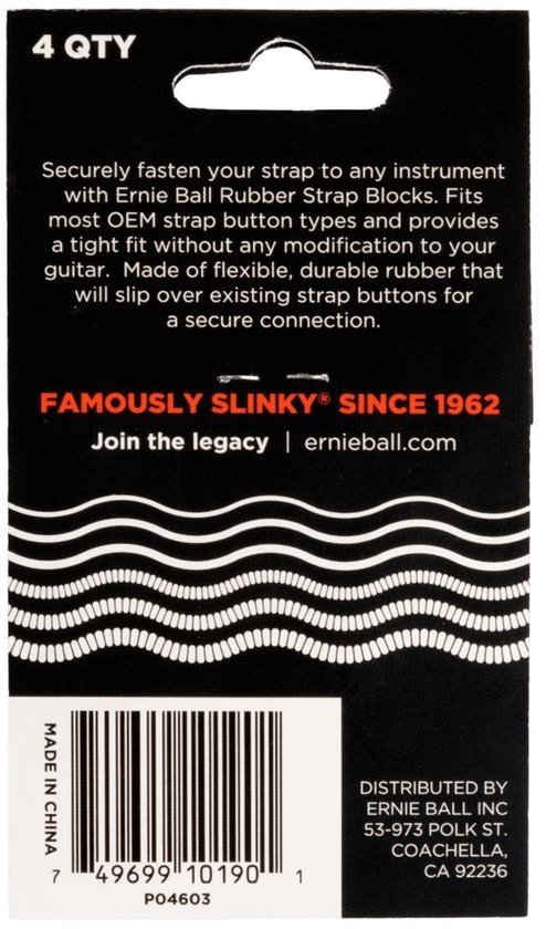 Verpakking met 4 Ernie Ball strap blocks, zwart met gele lijnen.