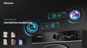 Hisense droger met Voice Control. Handsfree bediening. Illustratie van een AI-stemassistent en wasprogramma's.