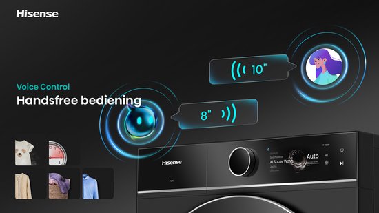 Hisense droger met Voice Control. Handsfree bediening. Illustratie van een AI-stemassistent en wasprogramma's.