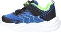 Blauwe Skechers gymschoen met klittenbandsluiting en limegroene accenten. Zwarte veters en rand.