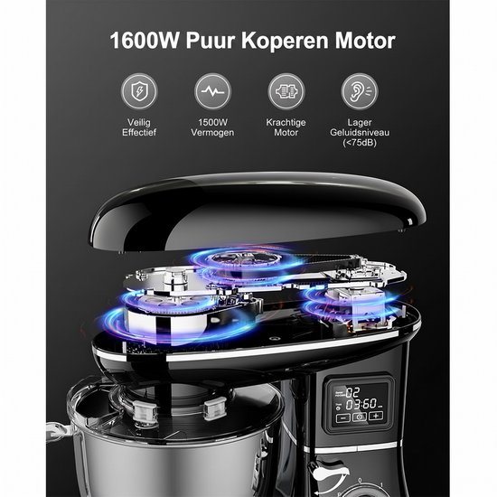 SHANNA Digitale Keukenmachine - 1600W Zuiver Koper - Standmixer - Bakmachine - 6,2L RVS Mengkom - Met LCD Timer, Deeghaak, Garde en Complete Bakaccessoires - Zwart — afbeelding 4