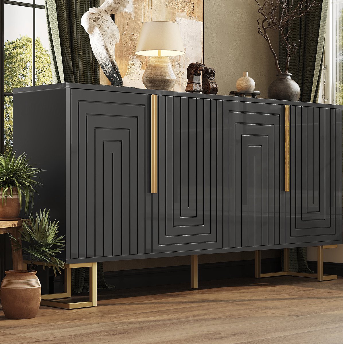MEUNIQ dressoir 152 x 40 x 75 cm met 2 deuren en 4 opbergvakken, geometrisch front, gouden handgrepen en metalen poten, voor woonkamer of eetkamer, zwart