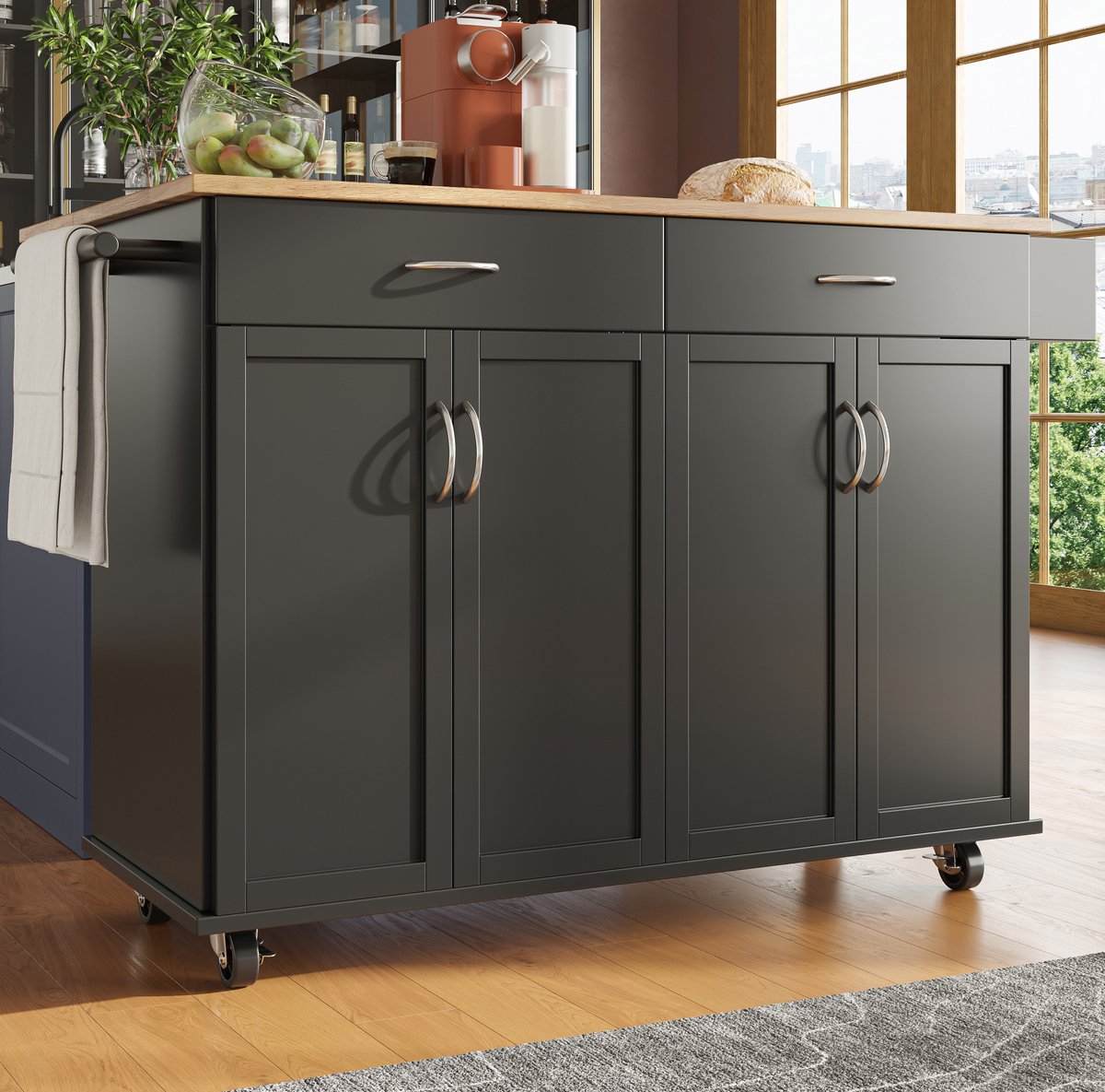 MEUNIQ Keukeninsel 106 x 50 x 90,5 cm met uitklapbaar blad, wielen, 2 lades, deuren, zijplanken en handdoekhouders, keukenkast en eettafel, zwart