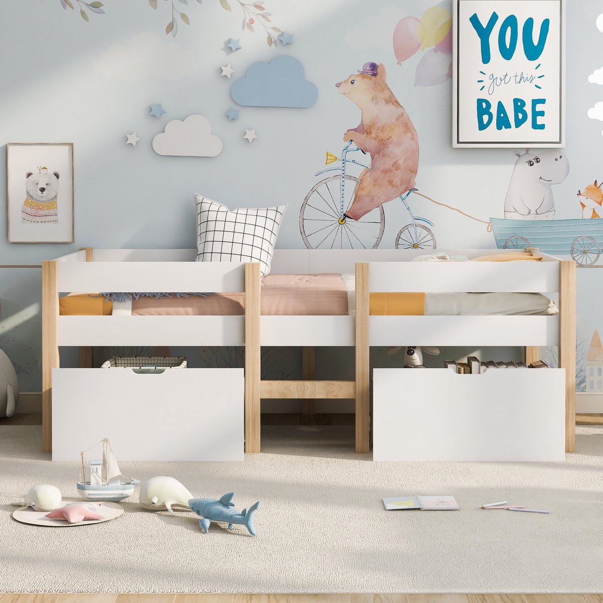 VVBV Kinderbed 90x190 – met Uitvalbeveiliging en Lades – Grenenhout – Wit – Opbergruimte – Lattenbodem – Zonder Matras – Ladder – Kinderbed met Lade White