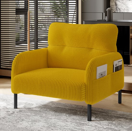 DESMIU Fauteuil 67 x 75 x 79 cm - Diepe Zitting Met Ergonomische Rugleuning En Zijvakken - Voor Woonkamer Slaapkamer En Kantoor - Cord Geel