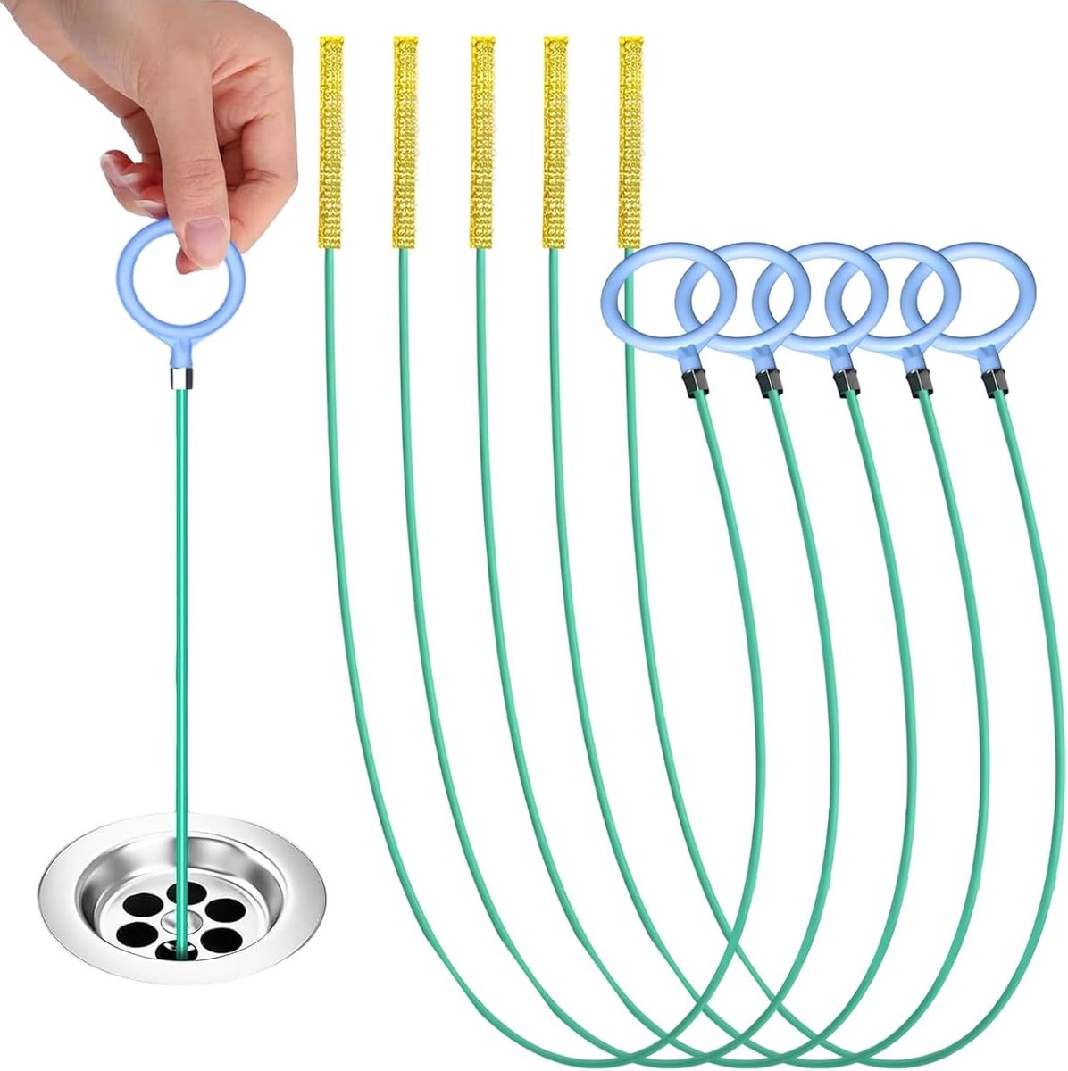 Set van 5 Herbruikbare Ontstopper Sticks van 90 cm voor Badkamer en Keuken - Effectieve Afvoerreiniger met Grip Ring en Spiralen