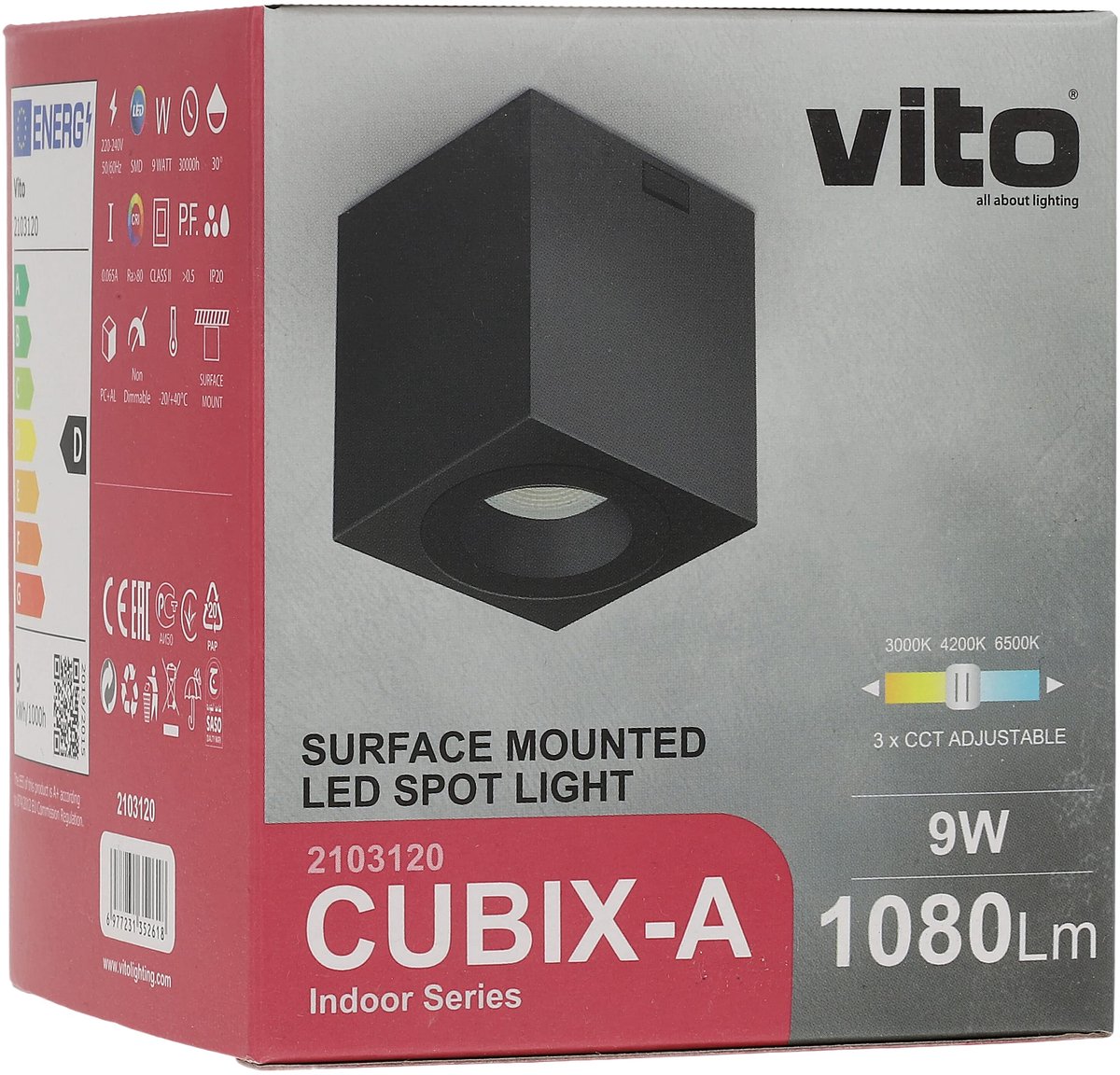 VITO Cubix-A - Vierkante Led Opbouwspot Plafond - 9W 1080lm 3CCT IP20 - Verstelbaar 30° - 9x9x10cm - Zwart