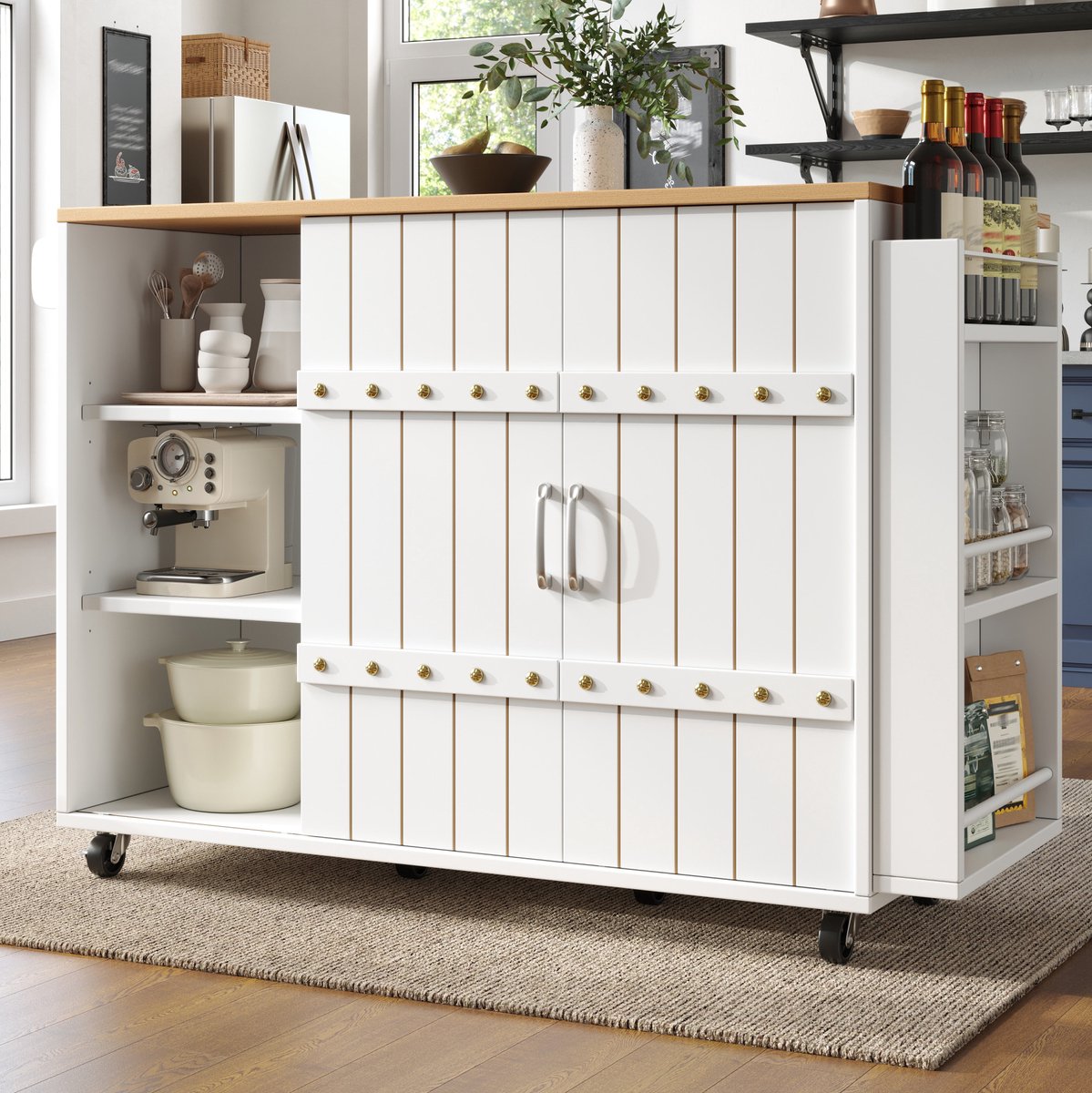MEUNIQ Keukenkast 110 x 42 x 90 cm met 3 lades, 2 schuifdeuren, inklapbaar blad, wielen, handdoekhouder en opbergrek voor keuken of keukeneiland, wit