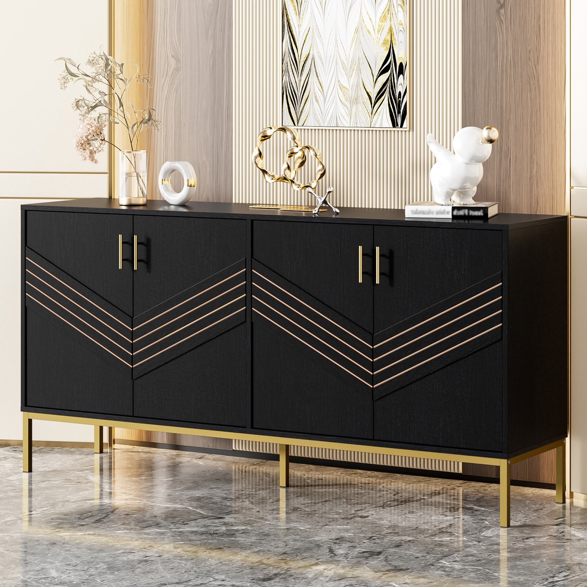 MEUNIQ dressoir 160 x 40 x 80,5 cm met 4 deuren en 2 verstelbare planken, sideboard voor w