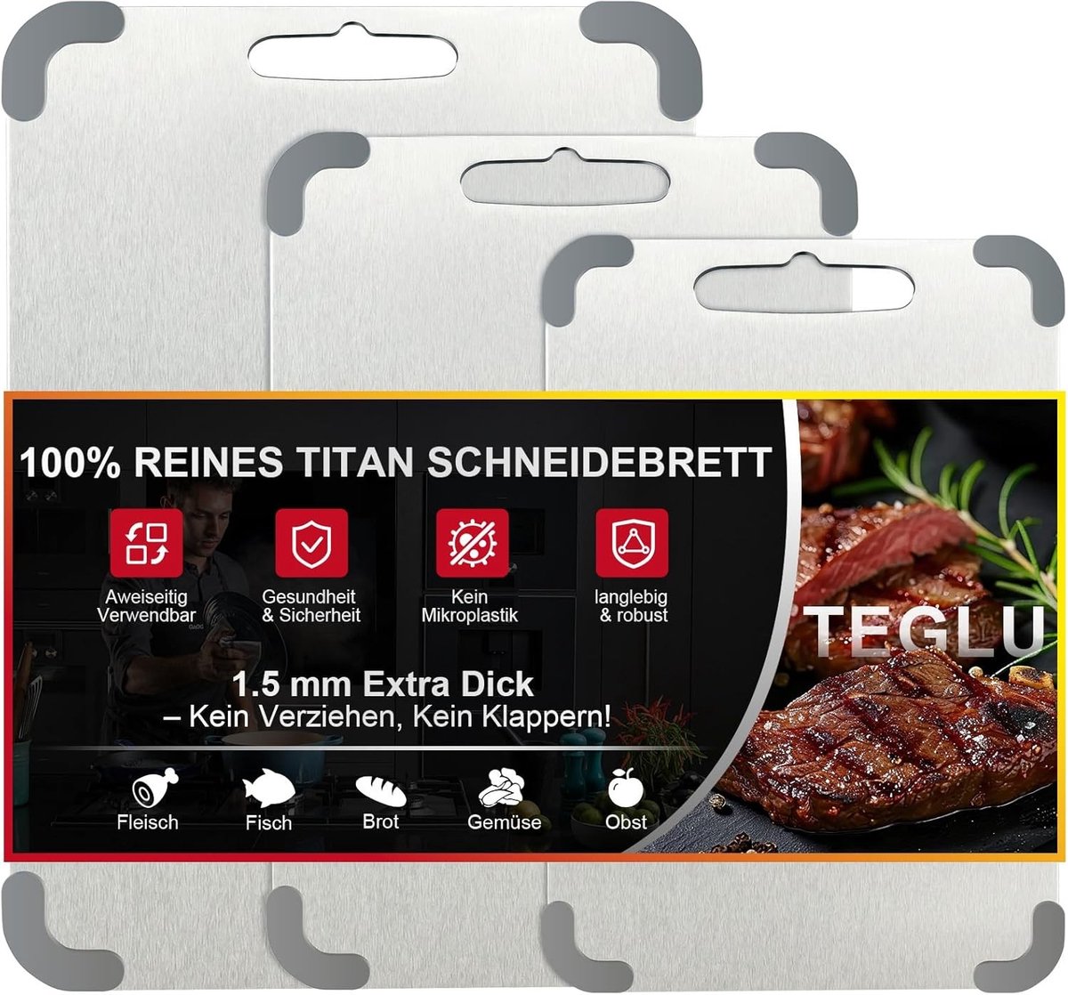 Thijox - Roestvrijstalen Snijplank Set van 3 - 1,5 mm Extra Dikke Antibacteriële Chopping Boards - Voedselveilig 304 Titanium - Antislip met Siliconen