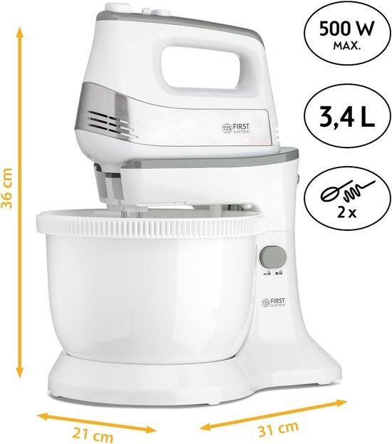 2-in-1 handmixer en standmixer met 3,4L kom en 500W kracht - 5 snelheden + turbofunctie — afbeelding 2