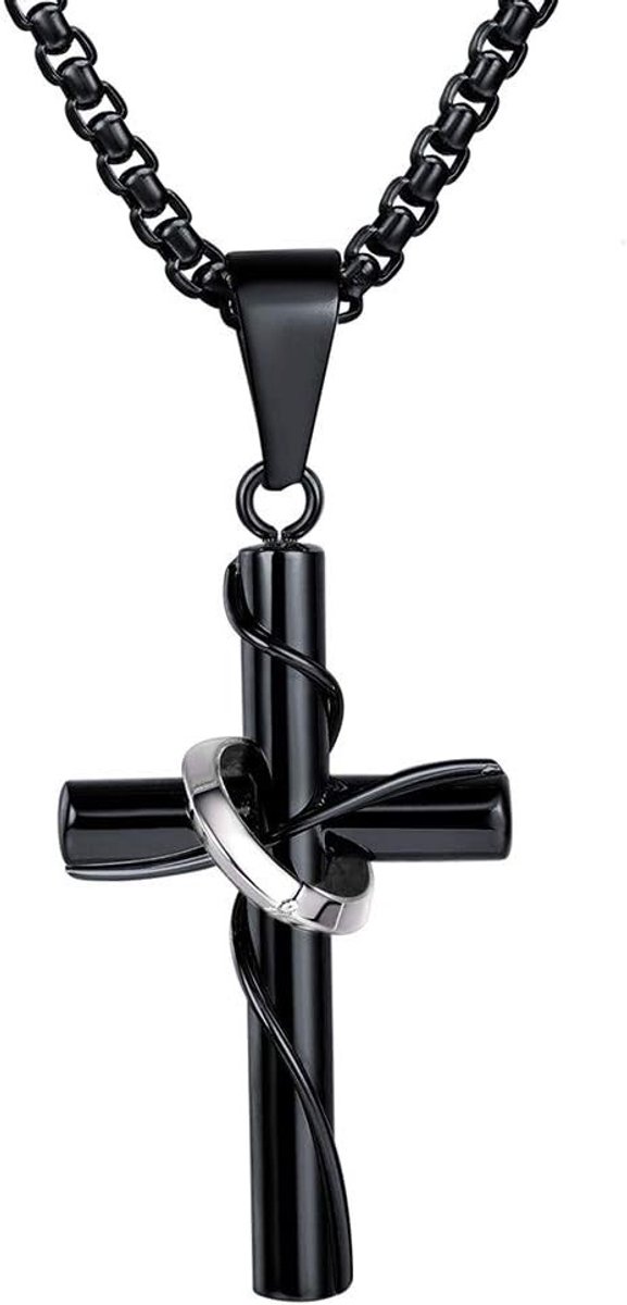 Heren Kruzifix Ketting van RVS 316L met Zwart en Goud - Christelijke Sieraad voor Gelovigen, 55 + 5 cm Lang