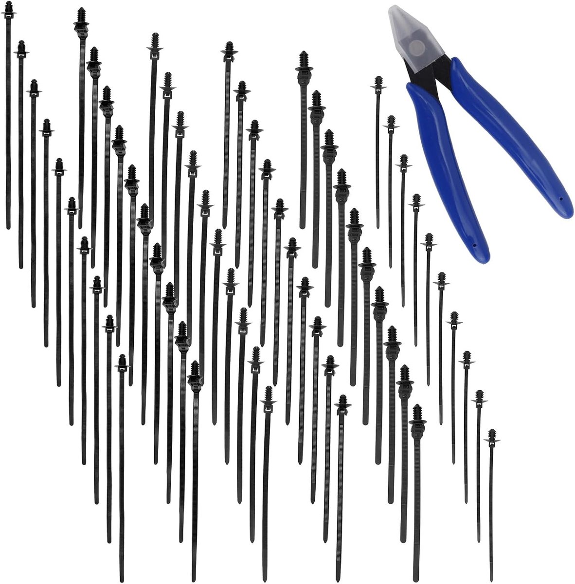 SnelShoppen - 60 Stuks Nylon Kabelbinders met Druksluiting en Diagonaal Kniptang, 6 Soorten Kabelbinders voor Auto Snap-on Bedradingsharnassen, Hitteb