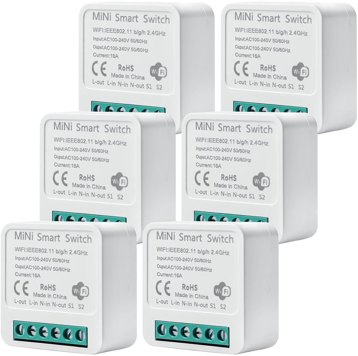 SnelShoppen - 6 Stuks Slimme Lichtschakelaar Module 2 Wegen Mini DIY WiFi Schakelaar Geschikt voor Achterwand Schakelaar Compatibel met Tuya App, Alex