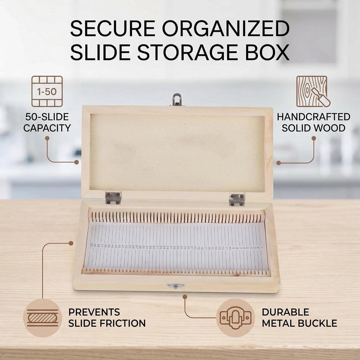 SnelShoppen - Houten Microscoop Slide Opslagdoos met 50 Voorbereide Microscopische Preparaten, Ideaal voor Organisatie en Presentatie van Monsters