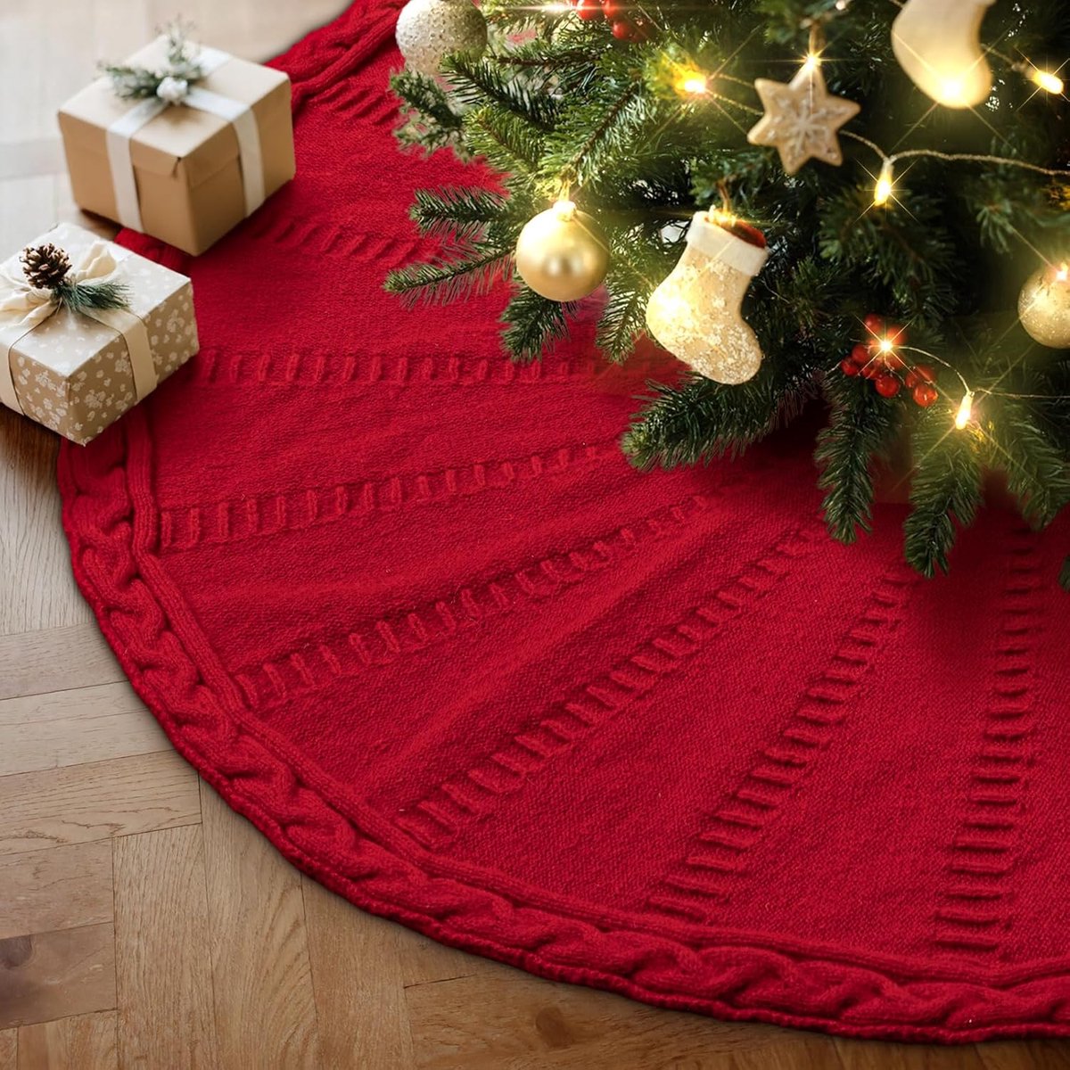 SnelShoppen - Gebreide Kerstboomrok 48 Inch - Rustieke Boomstandaard Deksel - Zachte Deken voor Feestdagen - Rood - Voor Woonkamer, Slaapkamer, Tuin,