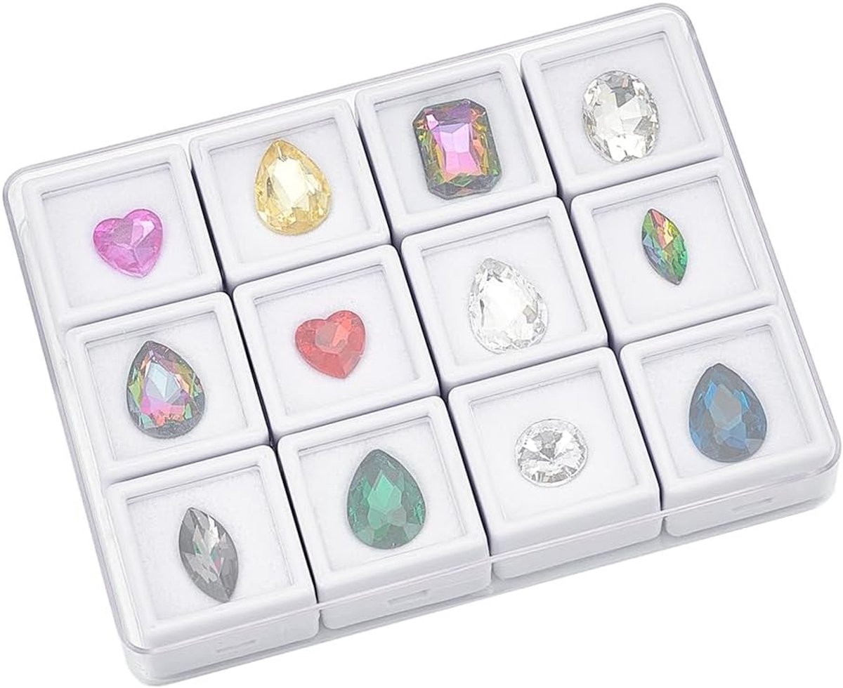 SnelShoppen - 12 Gemstone Boxes met Organizer Case - 9.5 x 12.5 x 2 cm - Vierkante Opbergdoos voor Edelstenen, Diamanten en Rhinestones - Wit - Perfec