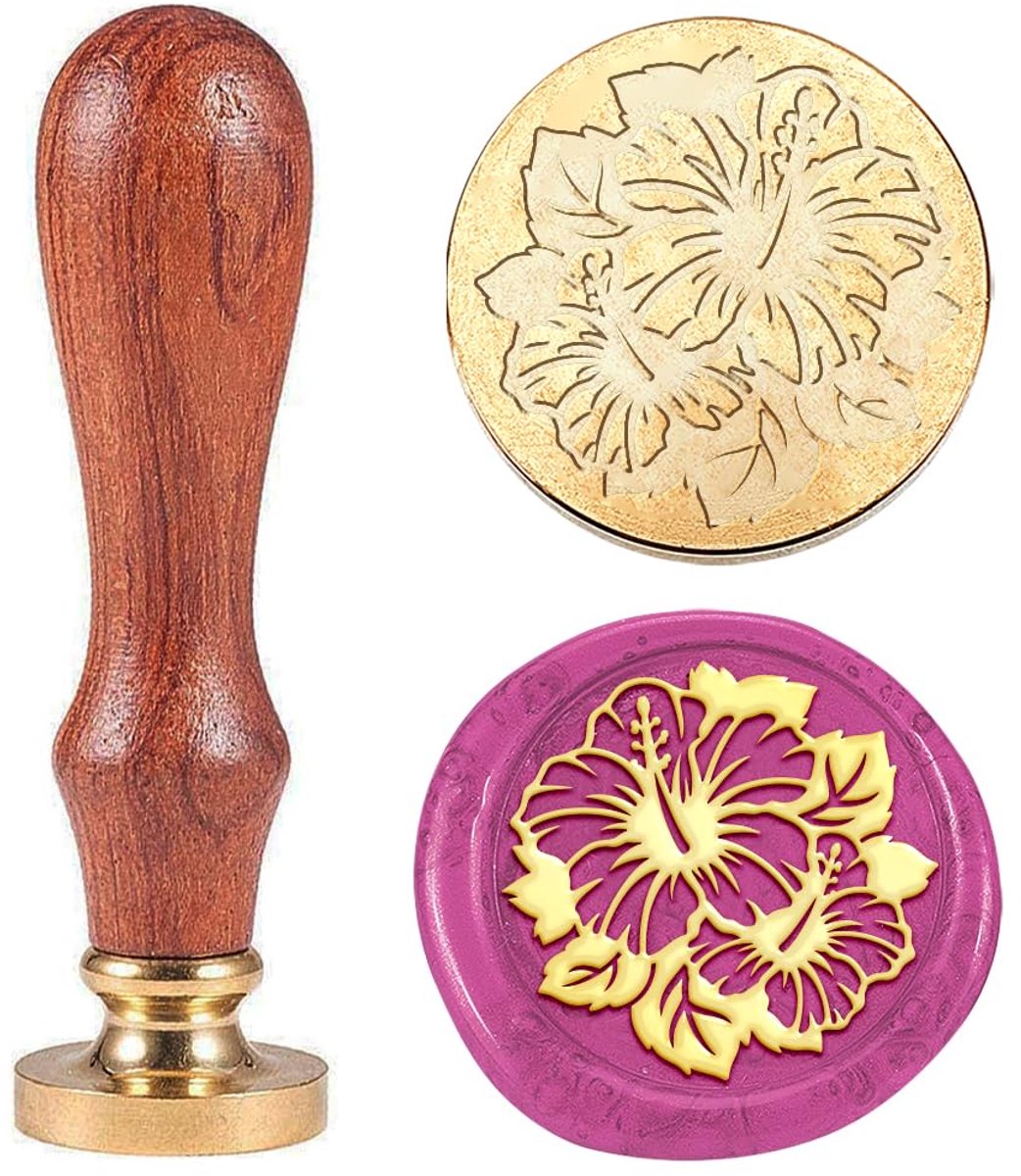 SnelShoppen - Vintage Bloemen Waszegelstempel Hibiscus 30mm Afneembare Messing Stempelkop met Houten Handvat voor Enveloppen, Uitnodigingen, Trouwen,