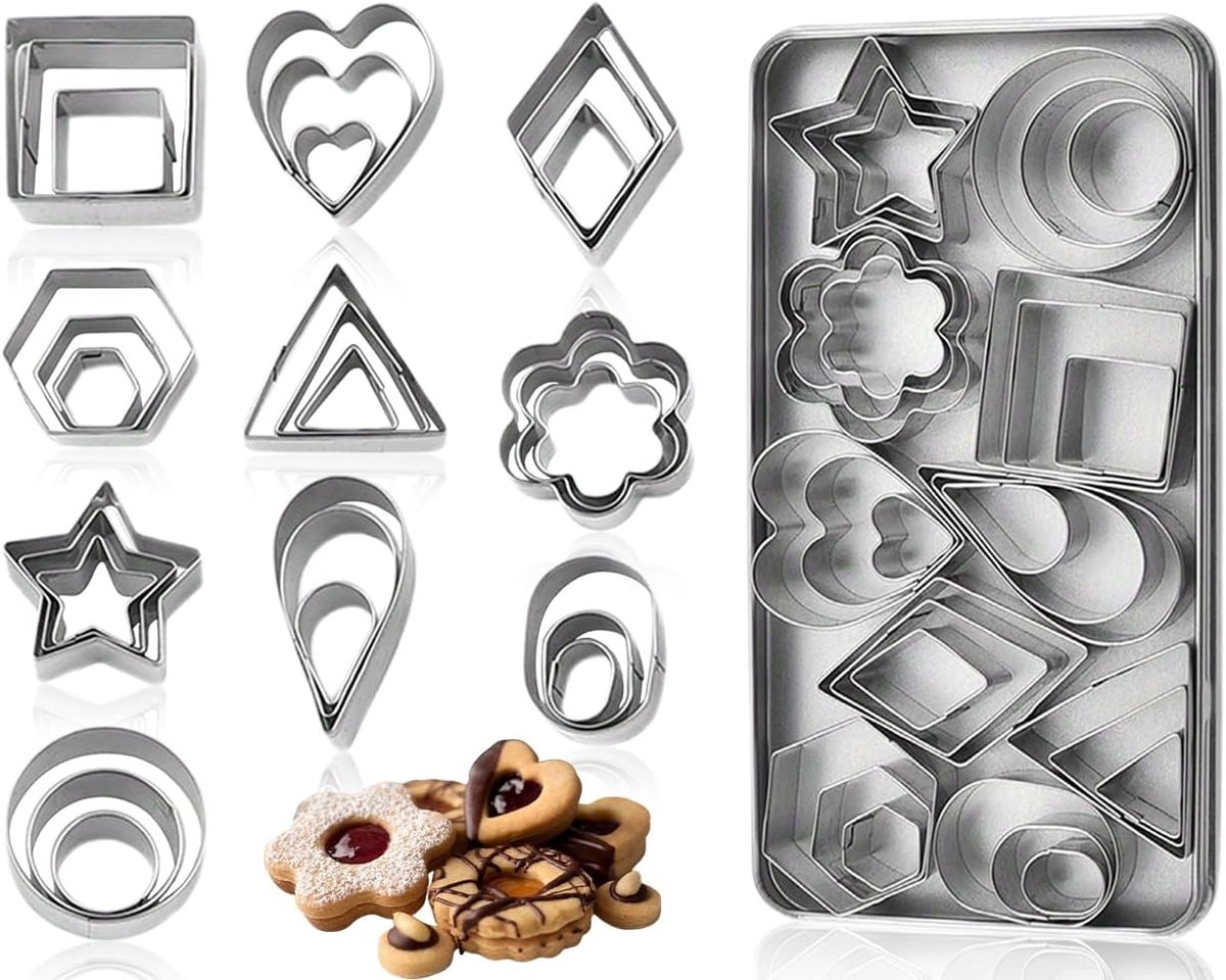 SnelShoppen - 30 Stuks Koekjesuitsteekvormen, RVS Mini Uitsteekvormen, Geometrische Vormen, Taartdecoraties voor Feestjes, Keuken, Silver