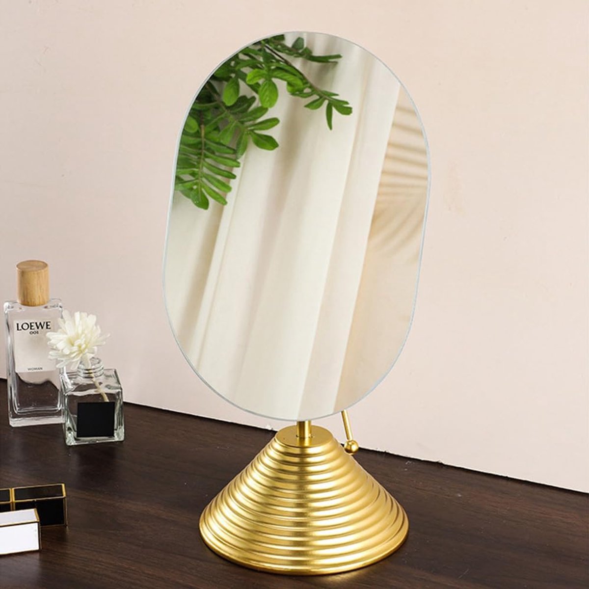SnelShoppen - Frameloos Tafelmaken met Stand, Metaal, Ovalen Vrijstaande Spiegel voor Make-up, Badkamer en Slaapkamer, Goud, 21cm x 26cm