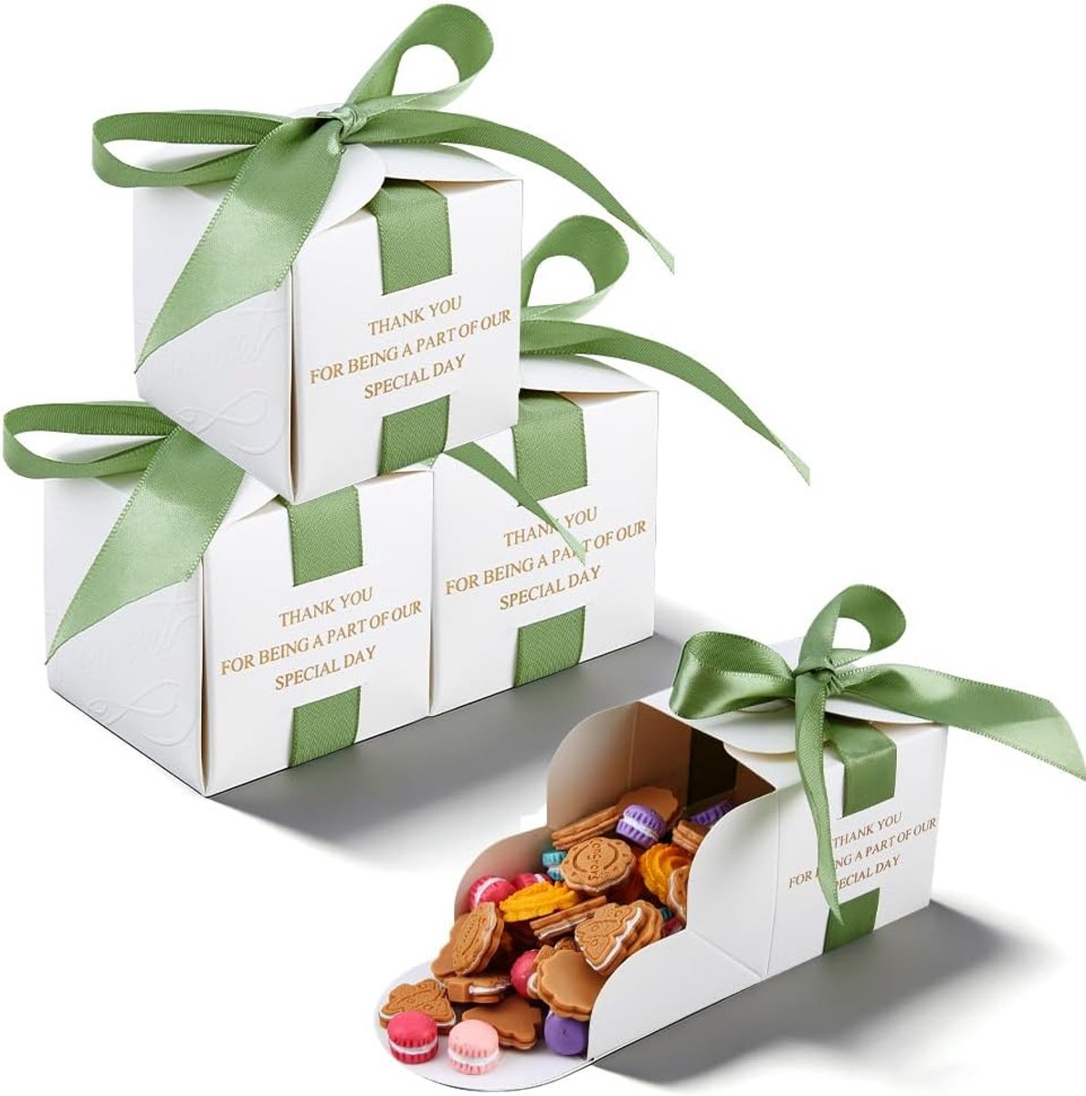 SnelShoppen - 60 Stuks Bruiloftsgeschenkdoosjes 6,5 x 6,5 x 6,7 cm met Olijfgroene Linten - Elegante Snoepdoosjes voor Bruiloft, Verjaardag, Bruidsdou
