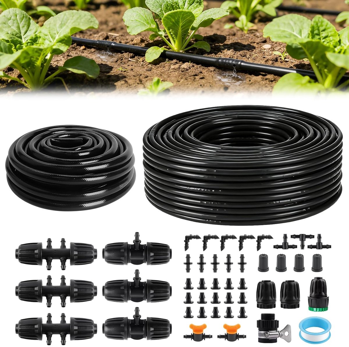 SnelShoppen - Drip Hose Irrigation Kit 55 m - 1/2 Inch Drip Irrigatie Hoofdslang met 6 Inch Drip Slangen en 15 cm Spacing voor Tuin, Tuinieren, Waterg
