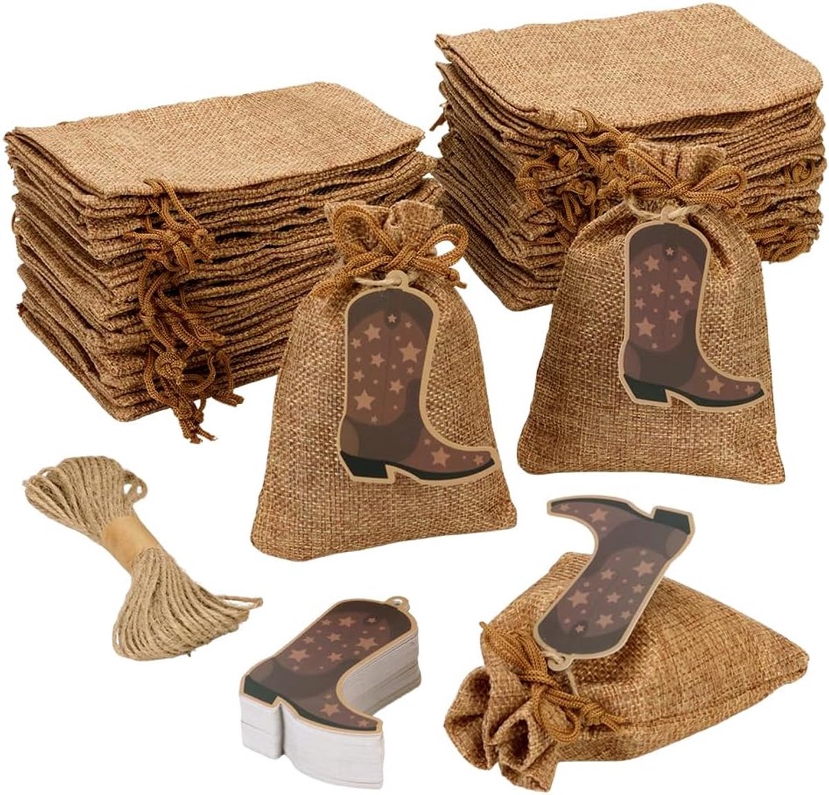 SnelShoppen - 50 stuks Polyester jute trekkoord zakken met cowboy boot tags - Herbruikbare geschenkzakjes voor cowboy bruiloft, vrijgezellenfeest en f