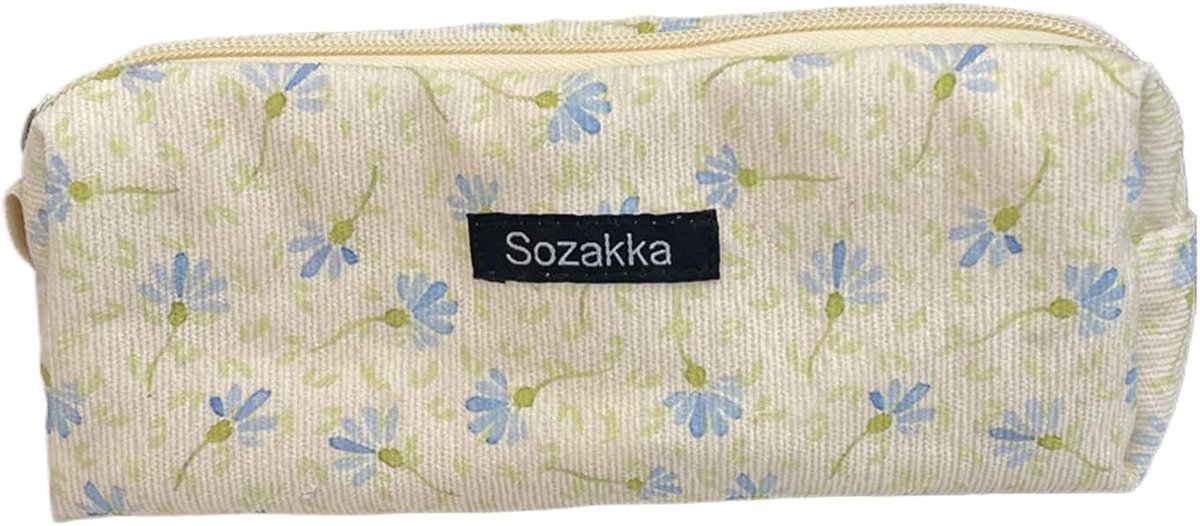 SnelShoppen - Schattig Pennenbakje Lichtblauw met Bloemenprint - Multifunctionele Tas voor Pennen, Make-up, Muntjes en Sleutels - 20x7x4,5cm