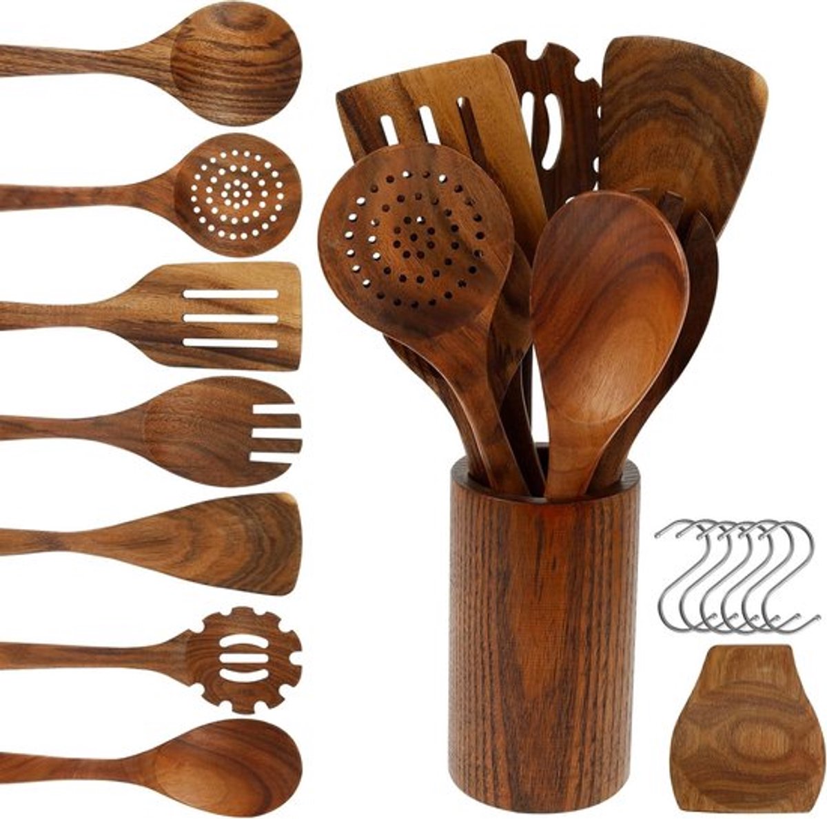 16-delige Kookset van Teakhout met Pannen, Spatula, Lepels en Keukengerei - Non-stick Koken, Keukenaccessoires en Handige Haakhouder