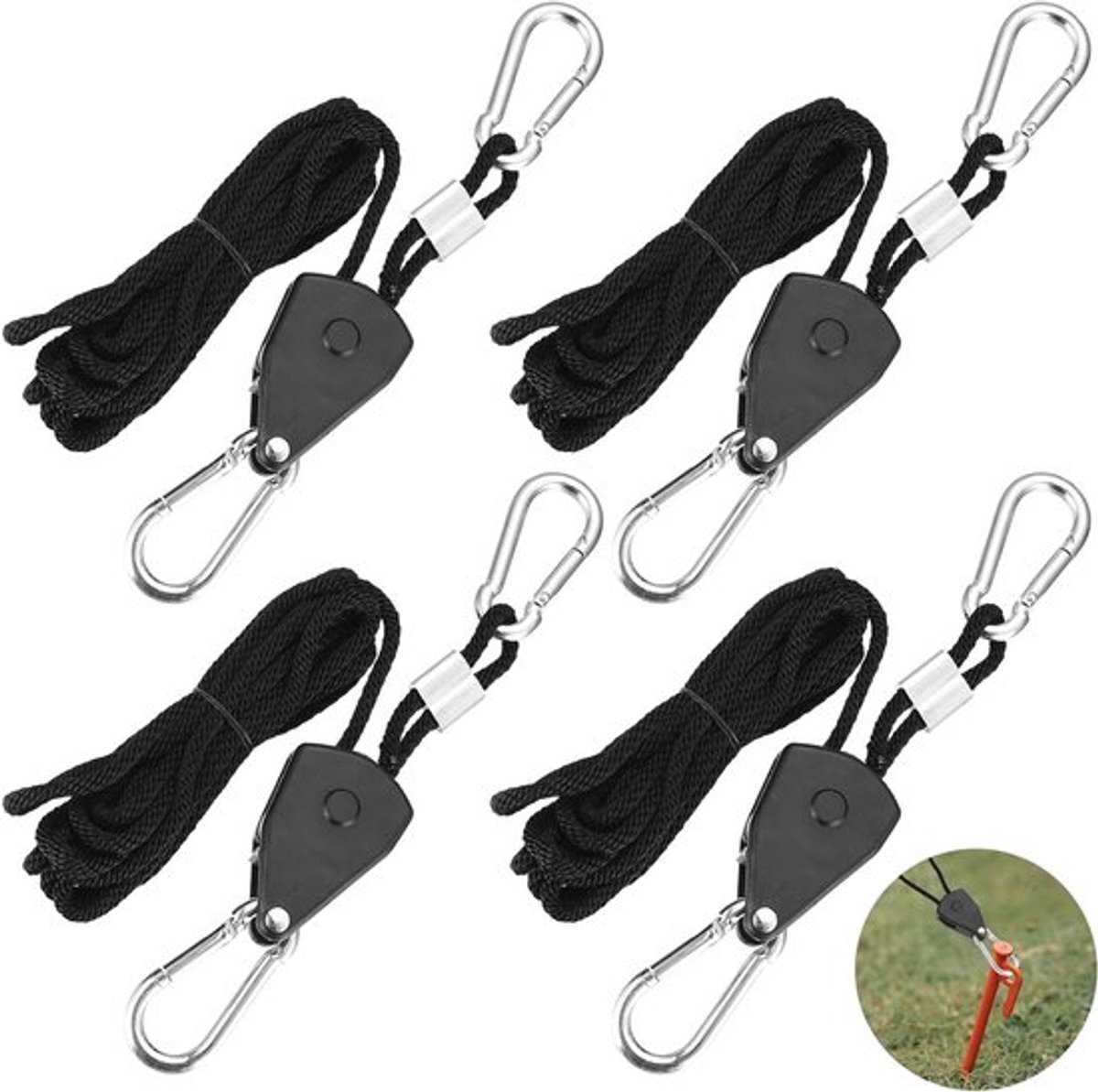 4 Stuks Verstelbare Touwtjes met Kabelspanner, 2.4m Ratchet Hanger voor Kamperen, Zeilen en Tuinaccessoires